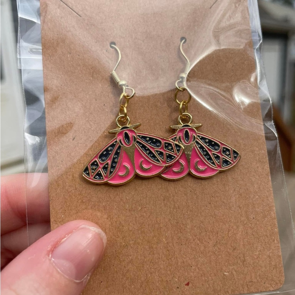 Pink and Black Moth Earrings